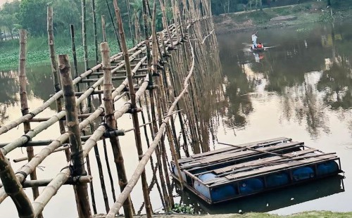 ঝুঁকি নিয়ে নদী পার হচ্ছে শিক্ষার্থীরা   স্বেচ্ছাশ্রমে বাঁশের সাঁকো নির্মাণ