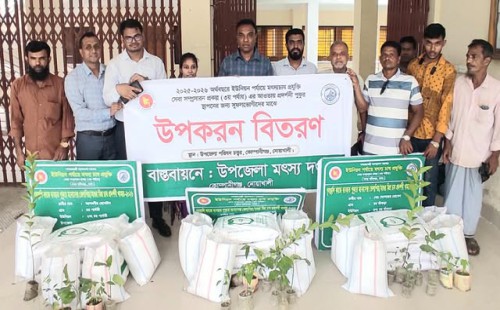 কোম্পানীগঞ্জে মৎস্য চাষীদের মাঝে   মাছের পোনা, খাদ্য ও শাকসবজির চারা বিতরণ